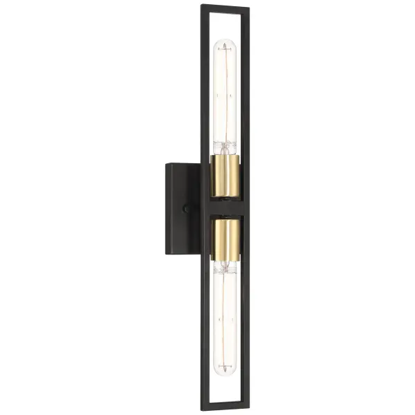 The Tyne wall sconce combines black and antique brushed brass finishes for a sophisticated transitional look. ADA-compliant design with energy-efficient LED technology delivers 600 lumens of warm 2700K light.