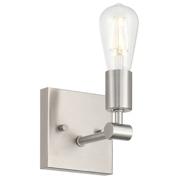 Collection: Virgin Finish: Brushed Steel Width: 4.75" Height: 5.25" Extension from Wall: 5.25" Canopy: .75"x4.75"x4.75" Number of Bulbs: 1 Maximum Wattage: 60.00 W Bulb Type: A19 Bulb Base: E26 Light Source: INC Voltage: 120.00 V Material: Steel Safety Listing: ETL Safety Rating: Damp