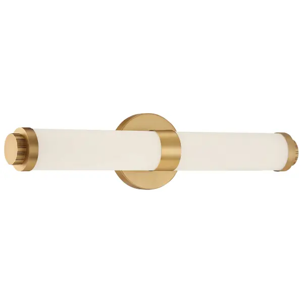 The Aqua vanity light combines contemporary styling with warm brushed gold finish and opal glass shades. LED integrated design provides energy-efficient illumination ideal for bathroom vanities and powder rooms.