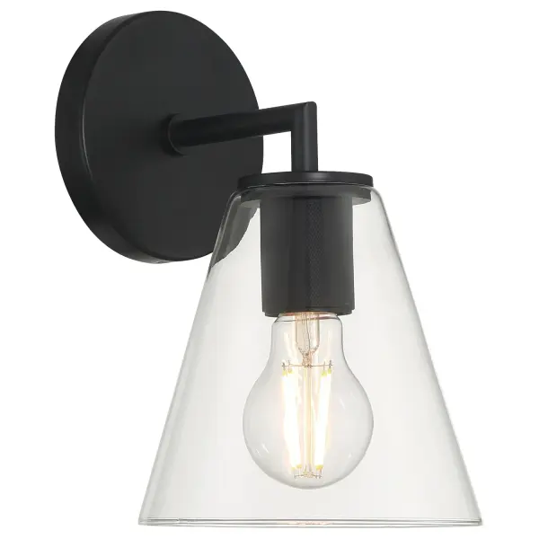 Collection: Katie Finish: Matte Black Glass: Clear Width: 6.25" Height: 9.75" Extension from Wall: 7.25" Canopy: 4.75" Number of Bulbs: 1 Maximum Wattage: 60.00 W Bulb Type: A19 Bulb Base: E26 Light Source: INC Voltage: 120.00 V Material: Steel Safety Listing: ETL Safety Rating: Damp