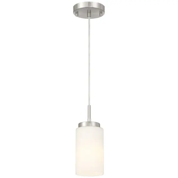 Collection: Iris Finish: Brushed Steel Glass: Opal Width: 4.00" Height: 9.88" Canopy: 5" Number of Bulbs: 1 Maximum Wattage: 60.00 W Bulb Type: A19 Bulb Base: E26 Light Source: INC Voltage: 120.00 V Material: Steel Safety Listing: UL Safety Rating: Damp
