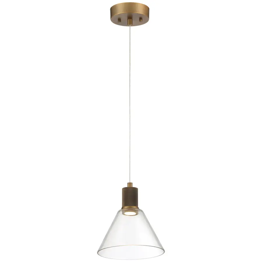 Compact LED Pendant with Warm Brass Finish and Clear Glass Shade