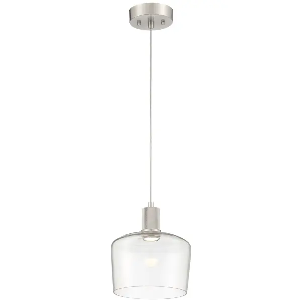 The Port Nine Chardonnay pendant combines sleek brushed steel with clear glass in a compact 9.25-inch design. Energy-efficient integrated LED provides modern illumination perfect for task lighting or accent applications.