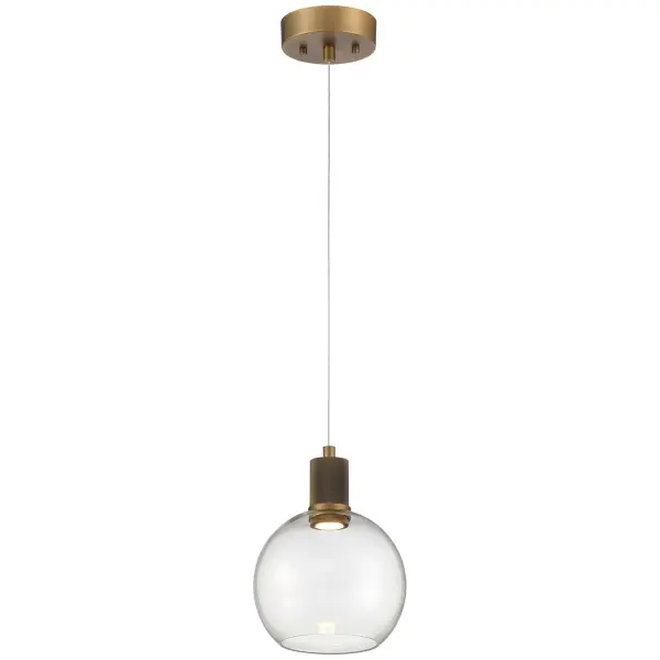 The Port Nine Burgundy pendant combines energy-efficient integrated LED technology with a sophisticated antique brushed brass finish. Its compact 9.5-inch profile makes it ideal for smaller spaces or grouped installations.