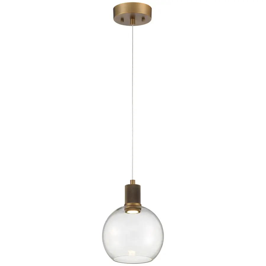 Compact LED Pendant with Warm Brass Finish and Clear Glass Shade