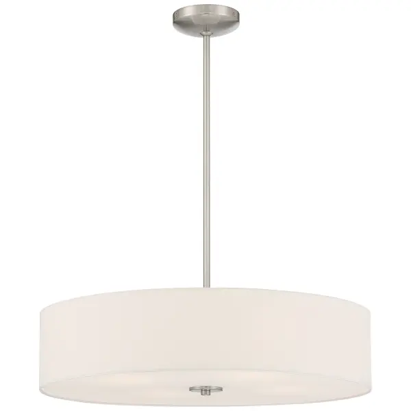 The MID TOWN LED Pendant offers exceptional flexibility with convertible pendant or semi-flush installation. Its 24-inch diameter and energy-efficient integrated LED system deliver 3,548 lumens of warm 3000K light, perfect for modern dining and living spaces.