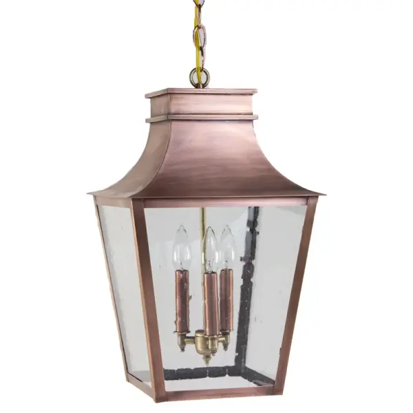 Named after one of the most beautiful, historic towns on the seacoast of New Hampshire and where Northeast Lantern calls home. Inspired by the enduring elegance of historic architecture, this handcrafted lantern is a true testament to timeless design. It features a gracefully flared crown and tapered body that evokes the charm of traditional gas lamps once found along historic streets. Perfect for entryways, courtyards, or garden paths, it brings a refined sense of heritage and sophistication to any exterior setting. Exeter Hanging Light Dimensions: 12"W x 12"D x 20"H Mounting height (From top to mounting bracket): 36" Chain Bulb type: One 60-Watt Candelabra Suitable location: Damp Mounting Area: 5" Diam. Contact Dealer for Pricing & Availability Download Spec Sheet Note: Some photos are a digital rendering to show our finish, glass and socket options our actual finishes are hand-applied and our glass is hand-blown and will have natural variations from the photos.