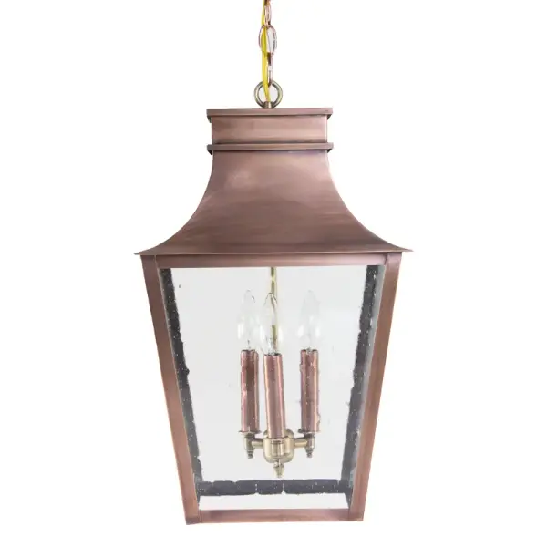 Named after one of the most beautiful, historic towns on the seacoast of New Hampshire and where Northeast Lantern calls home. Inspired by the enduring elegance of historic architecture, this handcrafted lantern is a true testament to timeless design. It features a gracefully flared crown and tapered body that evokes the charm of traditional gas lamps once found along historic streets. Perfect for entryways, courtyards, or garden paths, it brings a refined sense of heritage and sophistication to any exterior setting. Exeter Hanging Light Dimensions: 12"W x 12"D x 20"H Mounting height (From top to mounting bracket): 36" Chain Bulb type: One 60-Watt Candelabra Suitable location: Damp Mounting Area: 5" Diam. Contact Dealer for Pricing & Availability Download Spec Sheet Note: Some photos are a digital rendering to show our finish, glass and socket options our actual finishes are hand-applied and our glass is hand-blown and will have natural variations from the photos. - alternate view