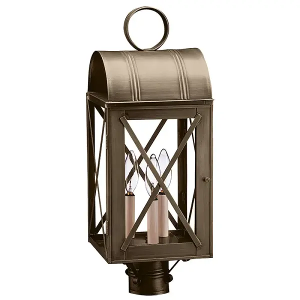 The Adams collection showcases intricate details of a culvert top and scroll that give it a classic colonial look. Inspired by the charm and simplicity of early American design. This collection echoes the craftsmanship of the past. Adams Post Light with X-bar Dimensions: 8"W x 8"D x 22"H Bulb type: Three 60-Watt Candelabra or One 75-Watt Medium with Clear Chimney Suitable location: Wet Mounting Area: 3" Fitter Contact Dealer for Pricing & Availability Download Spec Sheet Note: Some photos are a digital rendering to show our finish, glass and socket options our actual finishes are hand-applied and our glass is hand-blown and will have natural variations from the photos. - alternate view