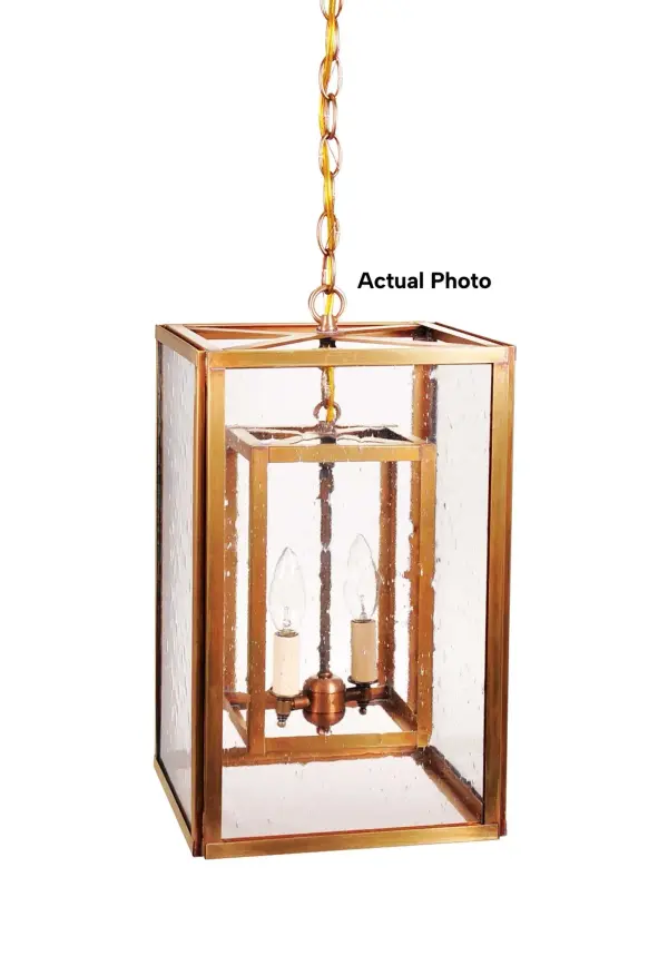 The Foyer collection features a mix of styles that all exude elegance and sophistication. These hanging fixtures give any foyer a warm and inviting ambiance. (Glass is out outside frame only) Medium Foyer Light Dimensions: 10"W x 10"D x 16"H Mounting height (From top to mounting bracket): 36" Chain Bulb type: Two 60-Watt Candelabra Base Bulbs Suitable location: Dry Mounting Area: 5" Diam. Ceiling Canopy Contact Dealer for Pricing & Availability Download Spec Sheet Note: Some photos are a digital rendering to show our finish, glass and socket options our actual finishes are hand-applied and our glass is hand-blown and will have natural variations from the photos. - alternate view