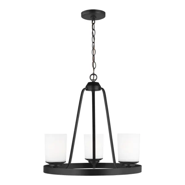 The Kemal chandelier delivers contemporary style in a compact 18.6-inch frame. Its midnight black steel construction and etched white glass shades create a refined contrast perfect for smaller dining spaces and entryways.