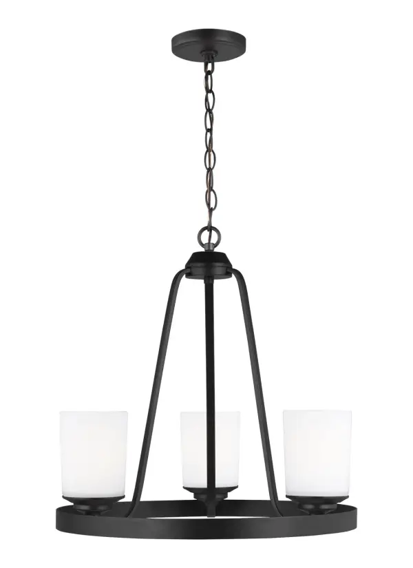 The Kemal chandelier delivers contemporary style in a compact footprint. Its midnight black finish and etched white glass shades create soft, diffused light perfect for intimate dining spaces and entryways.