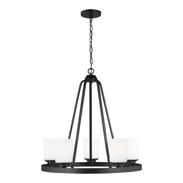 The Kemal chandelier delivers modern sophistication with its midnight black steel frame and etched white glass shades. At 24 inches wide, it's perfectly sized for smaller dining spaces and kitchen islands while providing ample illumination.