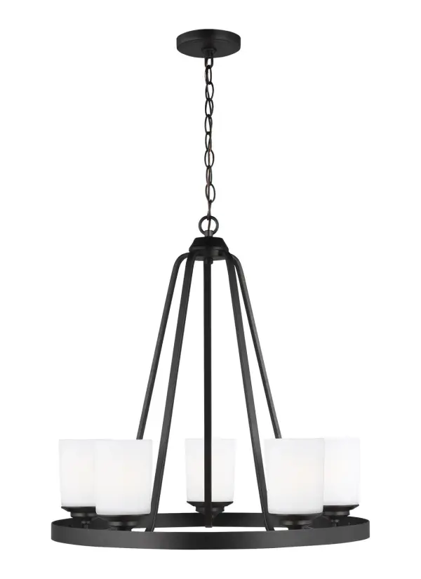 The Kemal chandelier delivers contemporary style in a compact 24-inch frame. Its midnight black finish and etched white glass shades create sophisticated contrast while integrated LED bulbs provide warm, efficient lighting.