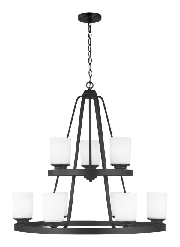 The Kemal chandelier makes a striking statement with its 30-inch span and nine etched glass shades in a dramatic Midnight Black finish. Energy-efficient integrated LEDs provide warm 3000K light ideal for dining and entertaining spaces.