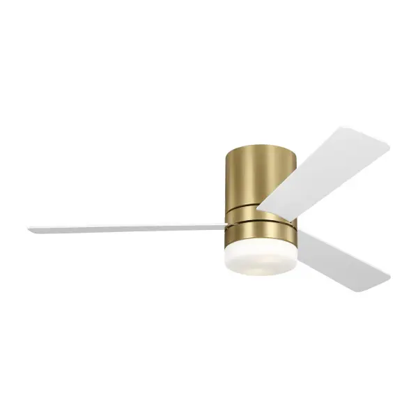 Collection: Era 52 Hugger LED Rooms: Bathroom,Enclosed Patios/Porches,Garage Finish: Burnished Brass Glass: Matte Opal Width: 52.00" Height: 13.00" Weight: 16.80 lb Canopy: D:8.125'' H:7'' Round Bulbs Included Number of Bulbs: 2 Maximum Wattage: 9.00 W Bulb Type: A19 Bulb Base: Medium Light Source: LED Light Output: 800.00 lm Color Temperature: 3000 K CRI: 90 Rated Average Life: 15000 Voltage: 120.00 V Airflow: 4784 CFM Airflow Efficiency: 76 CFM/W Blade Pitch: 13° Blade Finish: Matte White/Matte White Blade Quantity: 3 Light Kit: Included Material: Steel Country of Origin: China Safety Listing: cUL Safety Rating: Damp LED Spec Sheet Instructions