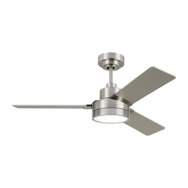 Collection: Jovie Designer: Monte Carlo Rooms: Bedroom, Family Room, Office Finish: Brushed Steel Width: 44.00" Height: 13.50" Weight: 12.70 lb Canopy: D:5.875'' H:2.5'' Round Airflow: 4034 CFM Electricity Use: 28 W Airflow Efficiency: 88 CFM/W Blade Pitch: 12° Blade Finish: Silver/American Walnut reversible blades/Silver/American Walnut reversible blades Blade Quantity: 3 Control: Wall Mount Control, 4-speed, Dimmer and Manual Reverse Downrod: 6" Country of Origin: China Safety Listing: cETL Safety Rating: Damp Spec Sheet Instructions