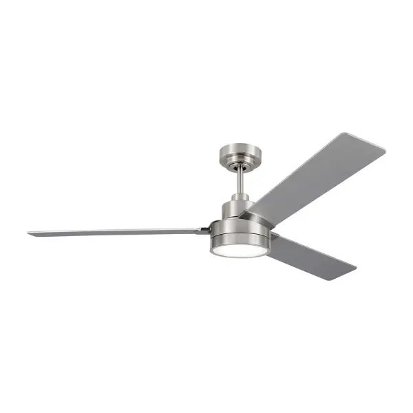 Collection: Jovie Designer: Monte Carlo Rooms: Bedroom, Family Room, Office Finish: Brushed Steel Width: 58.00" Height: 13.50" Weight: 14.40 lb Canopy: D:5.875'' H:2.5'' Round Airflow: 5551 CFM Electricity Use: 14 W Airflow Efficiency: 308 CFM/W Blade Pitch: 12° Blade Finish: Silver/American Walnut reversible blades/Silver/American Walnut reversible blades Blade Quantity: 3 Control: Handheld Remote, 6-speed, Reverse Downrod: 6" Country of Origin: China Safety Listing: cETL Safety Rating: Damp Energy Star Title 24 Spec Sheet Instructions