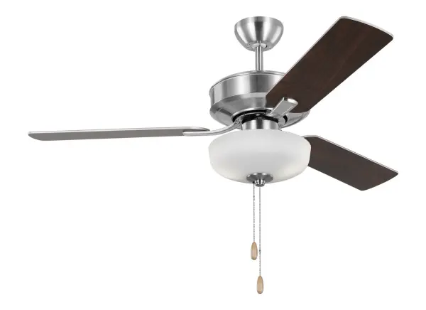 Collection: Linden Rooms: Bedroom, Family Room, Office Finish: Brushed Steel Glass: Matte White Width: 48.00" Height: 17.20" Weight: 14.10 lb Canopy: D:5.25'' Round Number of Bulbs: 2 Maximum Wattage: 9.00 W Bulb Type: A19 Bulb Base: Medium Light Source: LED Light Output: 800.00 lm Color Temperature: 3000 K CRI: 90 Rated Average Life: 15000 Voltage: 120.00 V Airflow: 4055 CFM Electricity Use: 35 W Airflow Efficiency: 74 CFM/W Blade Pitch: 12° Blade Finish: Silver/Silver Blade Quantity: 3 Light Kit: Included Control: Pull Chain Operation, 3-speed, Manual Reverse Switch Downrod: 4.5" Material: Steel Country of Origin: China Safety Listing: cETL Safety Rating: Dry LED Spec Sheet Instructions