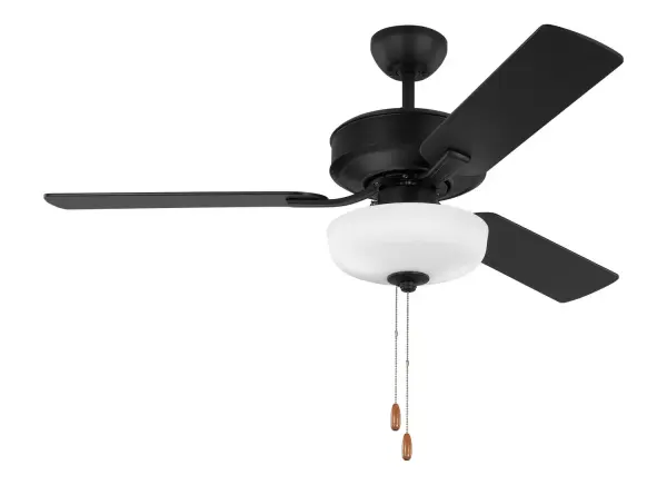 Collection: Linden Rooms: Bedroom, Family Room, Office Finish: Midnight Black Glass: Matte White Width: 48.00" Height: 17.20" Weight: 14.10 lb Canopy: D:5.25'' Round Bulbs Included Number of Bulbs: 2 Maximum Wattage: 9.00 W Bulb Type: A19 Bulb Base: Medium Light Source: LED Light Output: 800.00 lm Color Temperature: 3000 K CRI: 90 Rated Average Life: 15000 Voltage: 120.00 V Airflow: 4055 CFM Electricity Use: 35 W Airflow Efficiency: 74 CFM/W Blade Pitch: 12° Blade Finish: Midnight Black/Midnight Black Blade Quantity: 3 Light Kit: Included Control: Pull Chain Operation, 3-speed, Manual Reverse Switch Downrod: 4.5" Material: Steel Country of Origin: China Safety Listing: cETL Safety Rating: Dry LED Spec Sheet Instructions