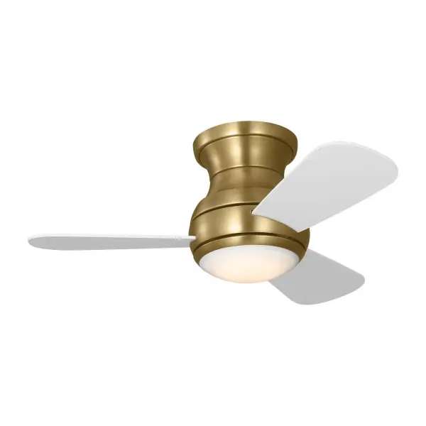 Collection: Orbis 32 Hugger LED Rooms: Bedroom, Living Room, Great Room, Bathroom, Office, Library, Covered Patios/Porches, Garage Finish: Satin Brass Glass: Frosted Width: 32.00" Height: 13.00" Weight: 13.60 lb Wire: 18" Canopy: D:7'' H:3'' Round Bulbs Included Number of Bulbs: 1 Maximum Wattage: 20.00 W Bulb Type: Array Bulb Base: Integrated Light Source: LED Light Output: 870.00 lm Color Temperature: 3000 K CRI: 90 Rated Average Life: 50000 Voltage: 120.00 V Airflow: 2353 CFM Airflow Efficiency: 50 CFM/W Blade Pitch: 12° Blade Finish: Matte White/Matte White Blade Quantity: 3 Light Kit: Included Control: Handheld Remote, 4-speed, Reverse and Dimmer Material: Steel Country of Origin: China Safety Listing: cUL Safety Rating: Damp LED Spec Sheet Instructions