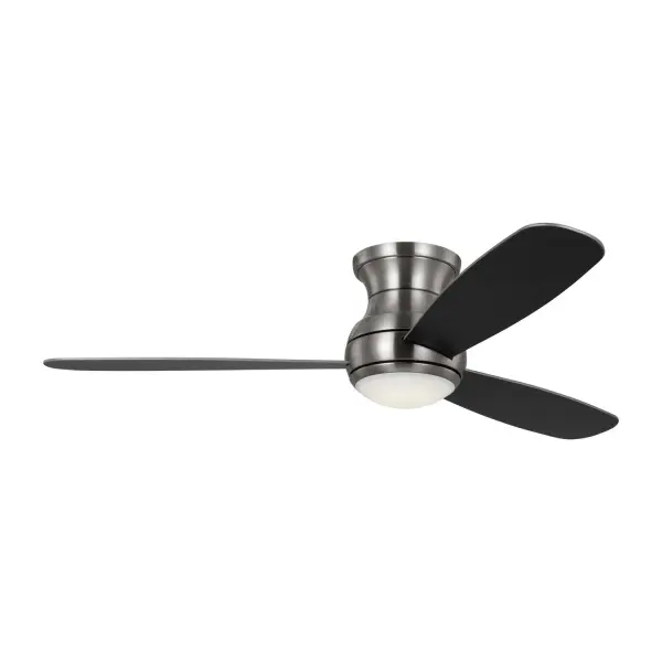 Collection: Orbis Rooms: Bedroom, Livingroom, Great Room Finish: Brushed Steel Glass: Frosted Width: 52.00" Height: 11.00" Weight: 16.10 lb Canopy: D:7..875'' H:3.125'' Round Bulbs Included Number of Bulbs: 1 Maximum Wattage: 20.00 W Bulb Type: Array Bulb Base: Integrated Light Source: LED Light Output: 1120.00 lm Color Temperature: 3000 K CRI: 90 Rated Average Life: 50000 Voltage: 120.00 V Airflow: 4825 CFM Electricity Use: 35 W Airflow Efficiency: 80 CFM/W Blade Pitch: 12° Blade Finish: Silver/Silver Blade Quantity: 3 Light Kit: Included Control: Wall Mount Control, 4-speed, Dimmer and Manual Reverse Country of Origin: China Safety Listing: cUL Safety Rating: Damp LED Spec Sheet Instructions