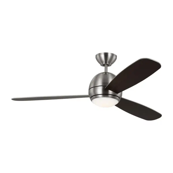 Collection: Orbis Rooms: Bedroom, Livingroom, Great Room Finish: Brushed Steel Glass: Frosted Width: 52.00" Height: 14.60" Weight: 16.10 lb Canopy: D:5.75'' H:2.5'' Round Bulbs Included Number of Bulbs: 1 Maximum Wattage: 20.00 W Bulb Type: Array Bulb Base: Integrated Light Source: LED Light Output: 1120.00 lm Color Temperature: 3000 K CRI: 90 Rated Average Life: 50000 Voltage: 120.00 V Airflow: 5295 CFM Electricity Use: 35 W Airflow Efficiency: 88 CFM/W Blade Pitch: 12° Blade Finish: Silver/Silver Blade Quantity: 3 Light Kit: Included Control: Wall Mount Control, 4-speed, Dimmer and Manual Reverse Downrod: 4.5" Country of Origin: China Safety Listing: cUL Safety Rating: Damp LED Spec Sheet Instructions