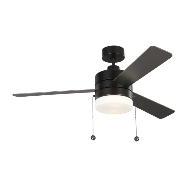 Collection: Syrus Rooms: Bedroom, Family Room, Office Finish: Oil Rubbed Bronze Glass: Frosted Width: 52.00" Height: 15.90" Weight: 17.60 lb Canopy: 5.9" Bulbs Included Number of Bulbs: 2 Maximum Wattage: 9.00 W Bulb Type: A19 Bulb Base: Medium Light Source: LED Light Output: 800.00 lm Color Temperature: 3000 K CRI: 90 Rated Average Life: 15000 Voltage: 120.00 V Airflow: 5335 CFM Electricity Use: 40 W Airflow Efficiency: 86 CFM/W Blade Pitch: 13° Blade Finish: Oil Rubbed Bronze/Oil Rubbed Bronze Blade Quantity: 3 Light Kit: Included Control: Pull Chain Operation, 3-speed, Manual Reverse Switch Downrod: 4.5" Country of Origin: China Safety Listing: cETL Safety Rating: Dry LED Spec Sheet Instructions