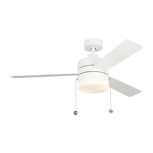 Collection: Syrus Rooms: Bedroom, Family Room, Office Finish: Matte White Glass: Frosted Width: 52.00" Height: 15.90" Weight: 17.60 lb Canopy: 5.9" Bulbs Included Number of Bulbs: 2 Maximum Wattage: 9.00 W Bulb Type: A19 Bulb Base: Medium Light Source: LED Light Output: 800.00 lm Color Temperature: 3000 K CRI: 90 Rated Average Life: 15000 Voltage: 120.00 V Airflow: 5335 CFM Electricity Use: 40 W Airflow Efficiency: 86 CFM/W Blade Pitch: 13° Blade Finish: Matte White/Matte White Blade Quantity: 3 Light Kit: Included Control: Pull Chain Operation, 3-speed, Manual Reverse Switch Downrod: 4.5" Country of Origin: China Safety Listing: cETL Safety Rating: Dry LED Spec Sheet Instructions