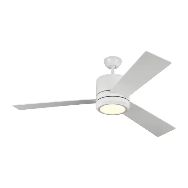 Collection: Vision Designer: Sean Lavin Rooms: Bathroom, Enclosed Patios/Porches, Garage Finish: Matte White Glass: Frosted Width: 56.00" Height: 14.00" Weight: 17.16 lb Canopy: D:5.125'' H:2.25'' Round Bulbs Included Number of Bulbs: 1 Maximum Wattage: 20.00 W Bulb Type: Array Bulb Base: Integrated Light Source: LED Light Output: 950.00 lm Color Temperature: 2700 K CRI: 90 Rated Average Life: 50000 Voltage: 120.00 V Airflow: 5203 CFM Electricity Use: 37 W Airflow Efficiency: 81 CFM/W Blade Pitch: 12° Blade Finish: Matte White/Matte White Blade Quantity: 3 Light Kit: Included w/ blanking plate Control: Wall Mount Control, 4-speed, Dimmer and Manual Reverse Downrod: 4.5" Country of Origin: China Safety Listing: C-UL-US Safety Rating: Damp LED Spec Sheet Instructions Parts Diagram