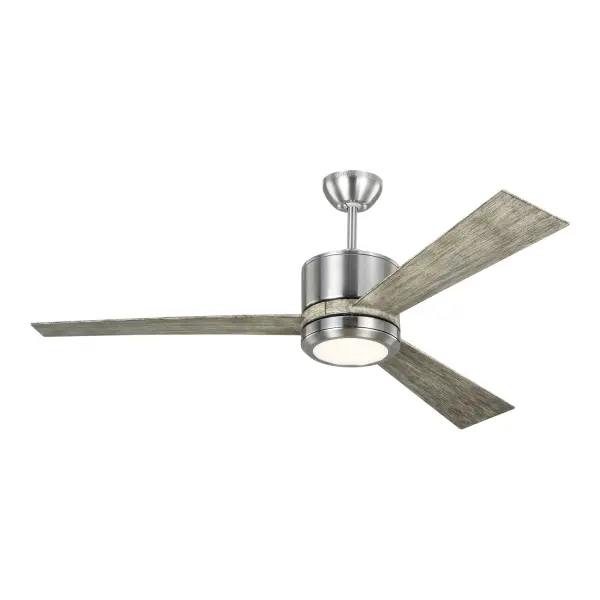 Collection: Vision Designer: Sean Lavin Rooms: Bedroom, Family Room, Office Finish: Brushed Steel Glass: Frosted Width: 52.00" Height: 14.60" Weight: 16.50 lb Canopy: D:5.125'' H:2.25'' Round Bulbs Included Number of Bulbs: 1 Maximum Wattage: 20.00 W Bulb Type: Array Bulb Base: Integrated Light Source: LED Light Output: 950.00 lm Color Temperature: 2700 K CRI: 90 Rated Average Life: 50000 Voltage: 120.00 V Airflow: 3406 CFM Electricity Use: 32 W Airflow Efficiency: 77 CFM/W Blade Pitch: 12° Blade Finish: Light Grey Weathered Oak/Light Grey Weathered Oak Blade Quantity: 3 Light Kit: Included Control: Combo Handheld/Wall Mount Remote, Reverse and Dimmer Downrod: 6" Country of Origin: China Safety Listing: cUL Safety Rating: Dry LED Spec Sheet Instructions