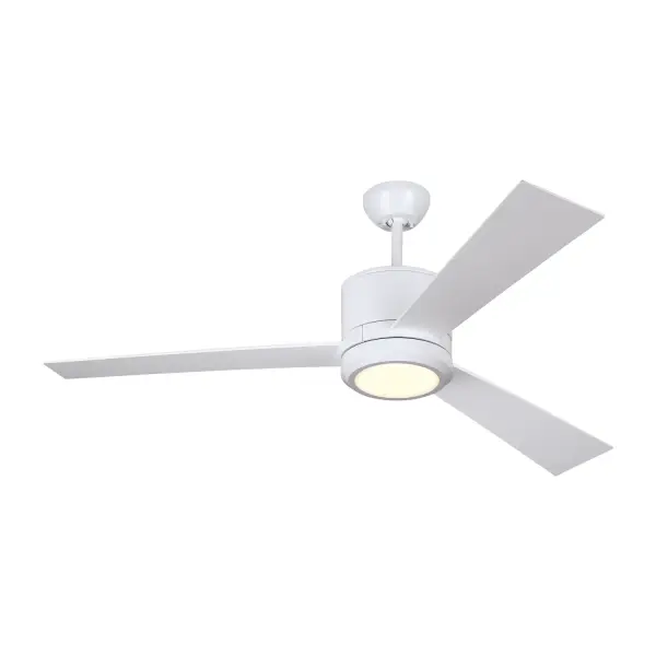 Collection: Vision Designer: Sean Lavin Rooms: Bedroom, Family Room, Office Finish: Matte White Glass: Frosted Width: 52.00" Height: 14.60" Weight: 16.50 lb Canopy: D:5.125'' H:2.25'' Round Bulbs Included Number of Bulbs: 1 Maximum Wattage: 20.00 W Bulb Type: Array Bulb Base: Integrated Light Source: LED Light Output: 950.00 lm Color Temperature: 2700 K CRI: 90 Rated Average Life: 50000 Voltage: 120.00 V Airflow: 3406 CFM Electricity Use: 32 W Airflow Efficiency: 77 CFM/W Blade Pitch: 12° Blade Finish: Matte White/Matte White Blade Quantity: 3 Light Kit: Included Control: Combo Handheld/Wall Mount Remote, Reverse and Dimmer Downrod: 6" Country of Origin: China Safety Listing: cUL Safety Rating: Dry LED Spec Sheet Instructions Parts Diagram