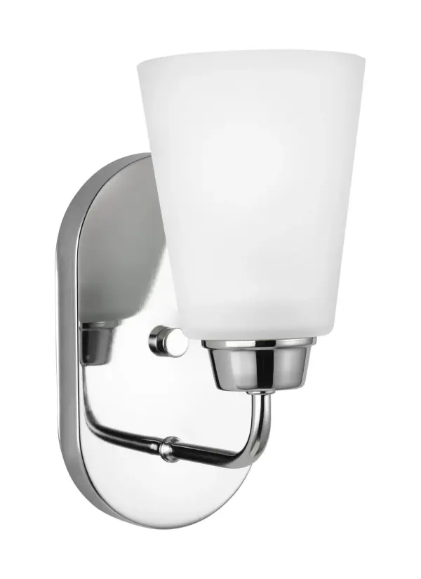 Collection: Kerrville Designer: Sea Gull Rooms: Bathroom, Bedroom, Entry Room/Hallway Finish: Chrome Glass: Satin Etched Width: 4.63" Height: 9.63" Weight: 1.90 lb Extension from Wall: 6.75" Wire: 6.5" Black/White Canopy: DP:0.875'' W:4.625'' H:8'' OB UP:5.625'' OB DOWN:4'' Oval Number of Bulbs: 1 Maximum Wattage: 100.00 W Bulb Type: A19 Bulb Base: Medium Voltage: 120.00 V Blade Finish: all fixtures are California Title 24 compliant.`` Material: Steel Country of Origin: Philippines Safety Listing: cETL Safety Rating: Damp Connection: Hardwired Title 24 Spec Sheet Instructions Parts Diagram