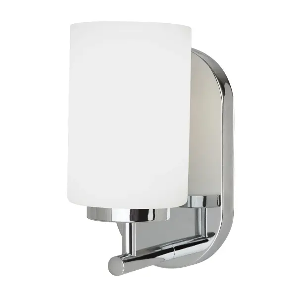 Collection: Oslo Designer: Sea Gull Rooms: Bathroom, Bedroom, Entry Room/Hallway Finish: Chrome Glass: Cased Opal Etched Width: 4.75" Height: 8.75" Weight: 1.77 lb Extension from Wall: 5.50" Wire: 6.5" Black/White Canopy: DP:13/16'' W:4.75'' H:8.75'' OB UP:4.75'' OB DOWN:4'' Oval Bulbs Included Number of Bulbs: 1 Maximum Wattage: 9.00 W Bulb Type: A19 Bulb Base: Medium Light Source: LED Light Output: 800.00 lm Color Temperature: 3000 K CRI: 90 Beam Spread: 230.00° Rated Average Life: 15000 Voltage: 120.00 V Material: Steel Country of Origin: Vietnam Safety Listing: cETL Safety Rating: Damp Connection: Hardwired Energy Star Title 24 LED Manufacturer Warranty: 1 Year Warranty for standard fixtures Spec Sheet Instructions Parts Diagram