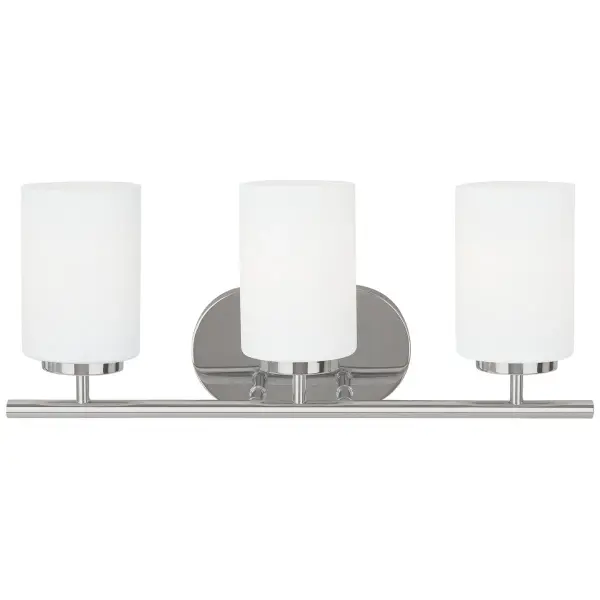 Collection: Oslo Designer: Sea Gull Rooms: Bathroom, Bedroom, Entry Room/Hallway Finish: Chrome Glass: Cased Opal Etched Width: 20.00" Height: 8.50" Weight: 4.00 lb Extension from Wall: 5.50" Wire: 6.5" Black/White Canopy: DP:13/16'' W:8'' H:4.75'' OB UP:6.25'' OB DOWN:2.25'' Oval Number of Bulbs: 3 Maximum Wattage: 100.00 W Bulb Type: A19 Bulb Base: Medium Voltage: 120.00 V Material: Steel Country of Origin: Vietnam Safety Listing: cETL Safety Rating: Damp Title 24 Spec Sheet Instructions Parts Diagram