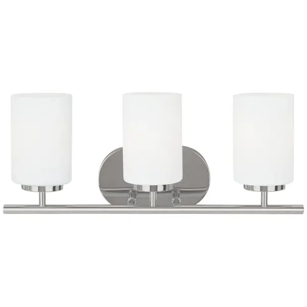 Collection: Oslo Designer: Sea Gull Rooms: Bathroom, Bedroom, Entry Room/Hallway Finish: Chrome Glass: Cased Opal Etched Width: 20.00" Height: 8.50" Weight: 4.00 lb Extension from Wall: 5.50" Wire: 6.5" Black/White Canopy: DP:13/16'' W:8'' H:4.75'' OB UP:6.25'' OB DOWN:2.25'' Oval Bulbs Included Number of Bulbs: 3 Maximum Wattage: 9.00 W Bulb Type: A19 Bulb Base: Medium Light Source: LED Light Output: 800.00 lm Color Temperature: 3000 K CRI: 90 Beam Spread: 230.00° Rated Average Life: 15000 Voltage: 120.00 V Material: Steel Country of Origin: Vietnam Safety Listing: cETL Safety Rating: Damp Connection: Hardwired Energy Star Title 24 LED Manufacturer Warranty: 1 Year Warranty for standard fixtures Spec Sheet Instructions Parts Diagram