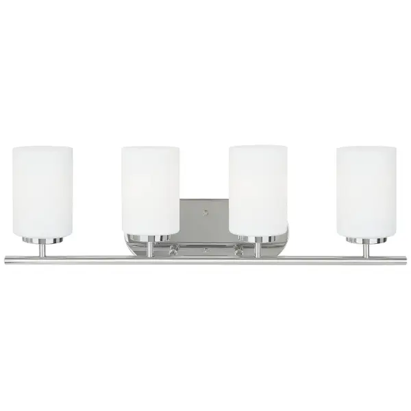 Collection: Oslo Designer: Sea Gull Rooms: Bathroom, Bedroom, Entry Room/Hallway Finish: Chrome Glass: Cased Opal Etched Width: 27.50" Height: 8.50" Length: 27.47" Weight: 5.78 lb Extension from Wall: 5.50" Wire: 6.5" Black/White Canopy: DP:13/16'' W:12'' H:4.75'' OB UP:6.25'' OB DOWN:2.25'' Oval Number of Bulbs: 4 Maximum Wattage: 100.00 W Bulb Type: A19 Bulb Base: Medium Voltage: 120.00 V Material: Steel Country of Origin: Vietnam Safety Listing: cETL Safety Rating: Damp Title 24 Spec Sheet Instructions Parts Diagram