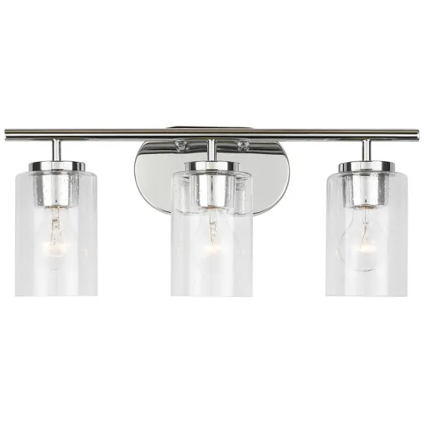 Collection: Oslo Rooms: Bathroom, Bedroom, Entry Room/Hallway Finish: Chrome Glass: Clear Seeded Width: 20.00" Height: 8.50" Weight: 4.00 lb Extension from Wall: 5.50" Wire: 6.5" Black/White Canopy: DP:13/16'' W:8'' H:4.75'' OB UP:6.25'' OB DOWN:2.25'' Oval Number of Bulbs: 3 Maximum Wattage: 100.00 W Bulb Type: A19 Bulb Base: Medium Voltage: 120.00 V Material: Steel Country of Origin: Vietnam Safety Listing: cETL Safety Rating: Damp Title 24 Spec Sheet Instructions