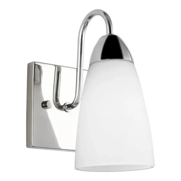 Collection: Seville Designer: Sea Gull Rooms: Bathroom, Bedroom, Entry Room/Hallway Finish: Chrome Glass: Etched / White Inside Width: 4.75" Height: 8.50" Weight: 1.87 lb Extension from Wall: 6.63" Wire: 6.5" Black/White Canopy: DP:0.625'' W:4.75'' H:4.75'' OB UP:5.125'' OB DOWN:3.375'' Square Bulbs Included Number of Bulbs: 1 Maximum Wattage: 9.00 W Bulb Type: A19 Bulb Base: Medium Light Source: LED Light Output: 800.00 lm Color Temperature: 3000 K CRI: 90 Beam Spread: 230.00° Rated Average Life: 15000 Voltage: 120.00 V Material: Steel Country of Origin: China Safety Listing: cETL Safety Rating: Damp Connection: Hardwired Energy Star Title 24 LED Spec Sheet Instructions Parts Diagram