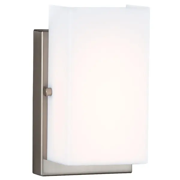 Collection: Vandeventer Designer: Sea Gull Rooms: Bathroom, Bedroom, Entry Room/Hallway Finish: Brushed Nickel Glass: White Width: 4.50" Height: 7.88" Weight: 1.40 lb Extension from Wall: 3.88" Wire: 6" Black/White Canopy: DP:1.125'' W:4.5'' H:6.75'' OB UP:4.5'' OB DOWN:3.375'' Rectangular Bulbs Included Number of Bulbs: 1 Maximum Wattage: 8.00 W Bulb Type: Array Bulb Base: Integrated Light Source: LED Light Output: 900.00 lm Color Temperature: 2700 K CRI: 90 Rated Average Life: 50000 Voltage: 120.00 V Material: Steel Country of Origin: China Safety Listing: cETL Safety Rating: Damp Connection: Hardwired Energy Efficient ADA Title 24 LED Spec Sheet Instructions Parts Diagram