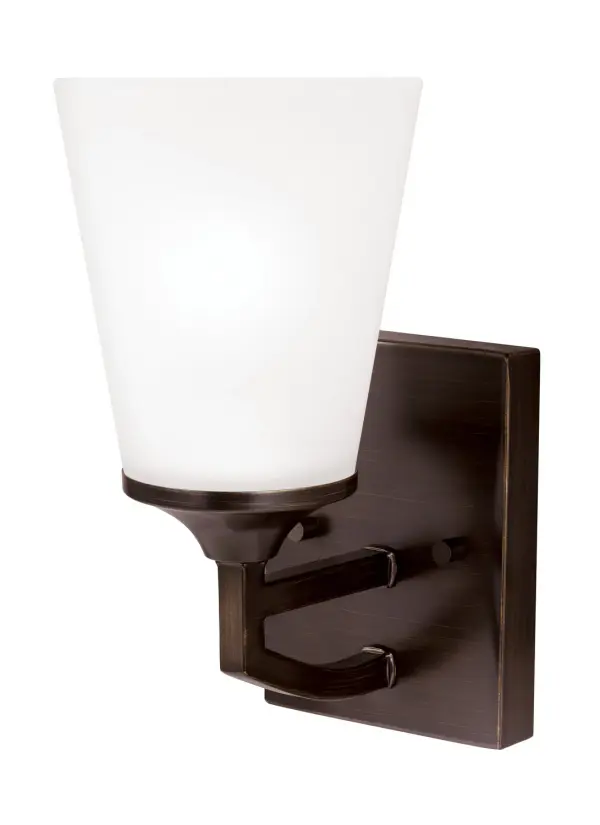 Collection: Hanford Designer: Sea Gull Rooms: Bathroom, Bedroom, Entry Room/Hallway Finish: Bronze Glass: Satin Etched Width: 5.13" Height: 10.13" Weight: 2.50 lb Extension from Wall: 6.75" Wire: 6.5" Black/White Canopy: DP:0.875'' W:4 9/16'' H:6'' OB UP:7.125'' OB DOWN:3'' Rectangular Bulbs Included Number of Bulbs: 1 Maximum Wattage: 9.00 W Bulb Type: A19 Bulb Base: Medium Light Source: LED Light Output: 800.00 lm Color Temperature: 3000 K CRI: 90 Beam Spread: 230.00° Rated Average Life: 15000 Voltage: 120.00 V Blade Finish: all fixtures are California Title 24 compliant.`` Material: Steel Country of Origin: China Safety Listing: cETL Safety Rating: Damp Connection: Hardwired Energy Star Title 24 LED Manufacturer Warranty: 1 Year Warranty for standard fixtures Spec Sheet Instructions Parts Diagram
