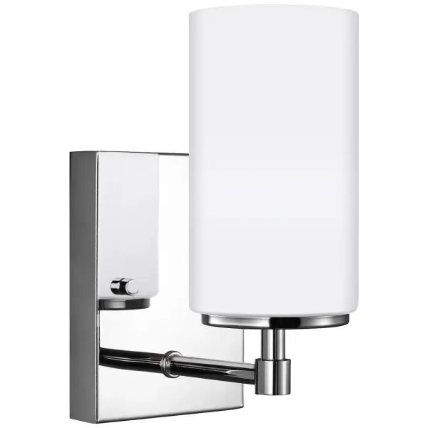 Collection: Alturas Designer: Sea Gull Rooms: Bathroom, Bedroom, Entry Room/Hallway Finish: Chrome Glass: Etched / White Inside Width: 4.38" Height: 8.75" Weight: 1.60 lb Extension from Wall: 6.13" Wire: 6.5" Black/White Canopy: DP:1'' W:4.375'' H:6'' OB UP:5.75'' OB DOWN:3'' Rectangular Number of Bulbs: 1 Maximum Wattage: 100.00 W Bulb Type: A19 Bulb Base: Medium Voltage: 120.00 V Blade Finish: all fixtures are California Title 24 compliant.`` Material: Steel Country of Origin: Vietnam Safety Listing: cETL Safety Rating: Damp Connection: Hardwired Title 24 Manufacturer Warranty: 1 Year Warranty for standard fixtures Spec Sheet Instructions Parts Diagram