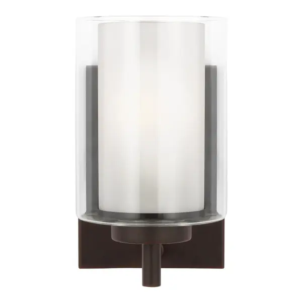 Collection: Elmwood Park Designer: Sea Gull Rooms: Bathroom, Bedroom, Entry Room/Hallway Finish: Bronze Glass: Satin Etched Width: 4.50" Height: 8.00" Weight: 2.00 lb Extension from Wall: 6.25" Wire: 6.5" Black/White Canopy: DP:0.75'' W:4.5'' H:6'' OB UP:5'' OB DOWN:3'' Rectangular Number of Bulbs: 1 Maximum Wattage: 75.00 W Bulb Type: A19 Bulb Base: Medium Voltage: 120.00 V Blade Finish: all fixtures are California Title 24 compliant.`` Material: Steel Country of Origin: Vietnam Safety Listing: cETL Safety Rating: Damp Connection: Hardwired Title 24 Spec Sheet Instructions Parts Diagram
