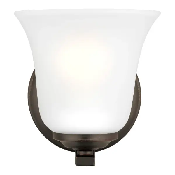 Collection: Emmons Designer: Sea Gull Rooms: Bathroom, Bedroom, Entry Room/Hallway Finish: Bronze Glass: Satin Etched Width: 5.88" Height: 6.25" Weight: 2.10 lb Extension from Wall: 7.38" Wire: 6.5" Black/White Canopy: D:5'' DP:0.875'' OB UP:3.75'' OB DOWN:2.25'' Round Bulbs Included Number of Bulbs: 1 Maximum Wattage: 9.00 W Bulb Type: A19 Bulb Base: Medium Light Source: LED Light Output: 800.00 lm Color Temperature: 3000 K CRI: 90 Beam Spread: 230.00° Rated Average Life: 15000 Voltage: 120.00 V Material: Steel Country of Origin: Vietnam Safety Listing: cETL Safety Rating: Damp Connection: Hardwired Energy Star Title 24 LED Manufacturer Warranty: 1 Year Warranty for standard fixtures Spec Sheet Instructions Parts Diagram