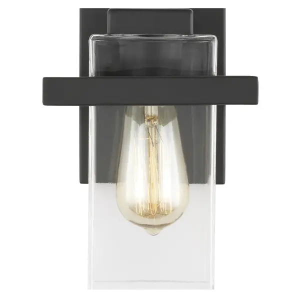 Collection: Mitte Rooms: Bathroom, Bedroom, Entry Room/Hallway Finish: Midnight Black Glass: Clear Width: 6.50" Height: 8.38" Weight: 2.50 lb Extension from Wall: 6.50" Wire: 6.5" Black/White Canopy: DP:0.75'' W:4.875'' H:5.5'' OB UP:5.625'' OB DOWN:2.75'' Rectangular Number of Bulbs: 1 Maximum Wattage: 75.00 W Bulb Type: ST19 Bulb Base: Medium Voltage: 120.00 V Material: Steel Country of Origin: Vietnam Safety Listing: cETL Safety Rating: Damp Title 24 Spec Sheet Instructions