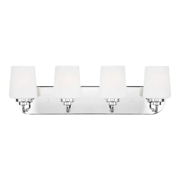 Collection: Windom Rooms: Bathroom, Bedroom, Entry Room/Hallway Finish: Chrome Glass: Etched / White Inside Width: 24.38" Height: 7.50" Weight: 5.10 lb Extension from Wall: 6.63" Wire: 6.5" Black/White Canopy: DP:0.875'' W:24'' H:4.625'' OB UP:5 3/16'' OB DOWN:2 5/16'' Oval Number of Bulbs: 4 Maximum Wattage: 75.00 W Bulb Type: A19 Bulb Base: Medium Voltage: 120.00 V Material: Steel Country of Origin: China Safety Listing: ETL Safety Rating: Damp Title 24 Spec Sheet Instructions