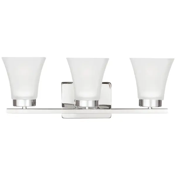Collection: Bayfield Designer: Sea Gull Rooms: Bathroom, Bedroom, Entry Room/Hallway Finish: Chrome Glass: Satin Etched Width: 20.00" Height: 7.75" Weight: 6.00 lb Extension from Wall: 6.63" Wire: 6" Black/White Canopy: DP:0.75'' W:6.25'' H:4.625'' OB UP:5.5'' OB DOWN:2.25'' Rectangular Number of Bulbs: 3 Maximum Wattage: 100.00 W Bulb Type: A19 Bulb Base: Medium Voltage: 120.00 V Blade Finish: all fixtures are California Title 24 compliant.`` Material: Steel Country of Origin: Vietnam Safety Listing: cETL Safety Rating: Damp Connection: Hardwired Title 24 Spec Sheet Instructions Parts Diagram