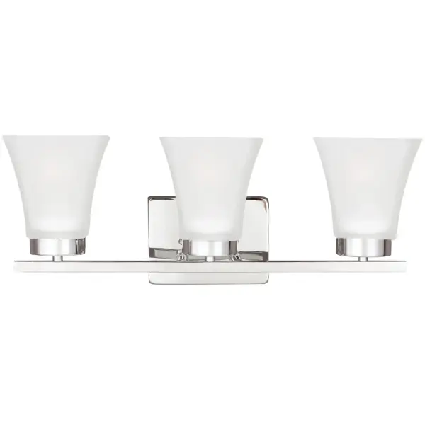 Collection: Bayfield Designer: Sea Gull Rooms: Bathroom, Bedroom, Entry Room/Hallway Finish: Chrome Glass: Satin Etched Width: 20.00" Height: 7.75" Weight: 6.00 lb Extension from Wall: 6.63" Wire: 6" Black/White Canopy: DP:0.75'' W:6.25'' H:4.625'' OB UP:5.5'' OB DOWN:2.25'' Rectangular Bulbs Included Number of Bulbs: 3 Maximum Wattage: 9.00 W Bulb Type: A19 Bulb Base: Medium Light Source: LED Light Output: 800.00 lm Color Temperature: 3000 K CRI: 90 Beam Spread: 230.00° Rated Average Life: 15000 Voltage: 120.00 V Blade Finish: all fixtures are California Title 24 compliant.`` Material: Steel Country of Origin: Vietnam Safety Listing: cETL Safety Rating: Damp Connection: Hardwired Energy Star Title 24 LED Manufacturer Warranty: 1 Year Warranty for standard fixtures Spec Sheet Instructions Parts Diagram
