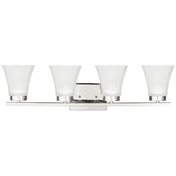 Collection: Bayfield Designer: Sea Gull Rooms: Bathroom, Bedroom, Entry Room/Hallway Finish: Chrome Glass: Satin Etched Width: 27.50" Height: 7.75" Weight: 7.80 lb Extension from Wall: 6.63" Wire: 6" Black/White Canopy: DP:0.75'' W:6.25'' H:4.625'' OB UP:5.5'' OB DOWN:2.25'' Rectangular Number of Bulbs: 4 Maximum Wattage: 100.00 W Bulb Type: A19 Bulb Base: Medium Voltage: 120.00 V Blade Finish: all fixtures are California Title 24 compliant.`` Material: Steel Country of Origin: Vietnam Safety Listing: cETL Safety Rating: Damp Connection: Hardwired Title 24 Spec Sheet Instructions Parts Diagram