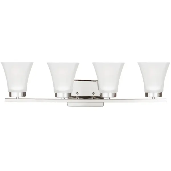 Collection: Bayfield Designer: Sea Gull Rooms: Bathroom, Bedroom, Entry Room/Hallway Finish: Chrome Glass: Satin Etched Width: 27.50" Height: 7.75" Weight: 7.80 lb Extension from Wall: 6.63" Wire: 6" Black/White Canopy: DP:0.75'' W:6.25'' H:4.625'' OB UP:5.5'' OB DOWN:2.25'' Rectangular Bulbs Included Number of Bulbs: 4 Maximum Wattage: 9.00 W Bulb Type: A19 Bulb Base: Medium Light Source: LED Light Output: 800.00 lm Color Temperature: 3000 K CRI: 90 Beam Spread: 230.00° Rated Average Life: 15000 Voltage: 120.00 V Blade Finish: all fixtures are California Title 24 compliant.`` Material: Steel Country of Origin: Vietnam Safety Listing: cETL Safety Rating: Damp Connection: Hardwired Energy Star Title 24 LED Manufacturer Warranty: 1 Year Warranty for standard fixtures Spec Sheet Instructions Parts Diagram